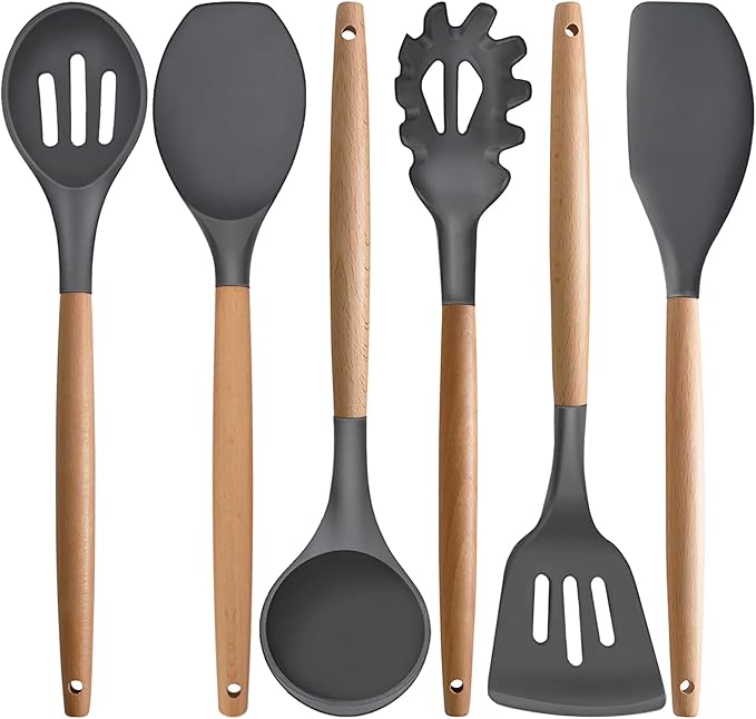 Kitchen Cooking Utensils Set, 6Pcs Silicone Kitchen Utensils Set Spatula Spoon Soup Ladle Turner, Heat Resistant Wooden Handle Silicone Cooking Gadgets for Nonstick Cookware & Baking BPA FREE
