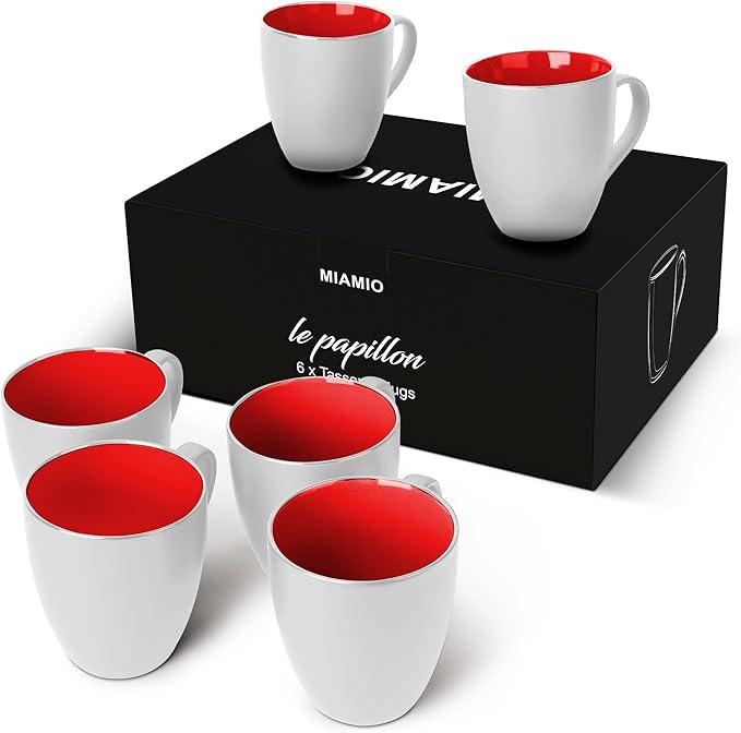 MIAMIO - Set of 6 Stoneware Coffee Mugs 12 Ounce/Cup Set - Le Papillon Collection (White-Red)