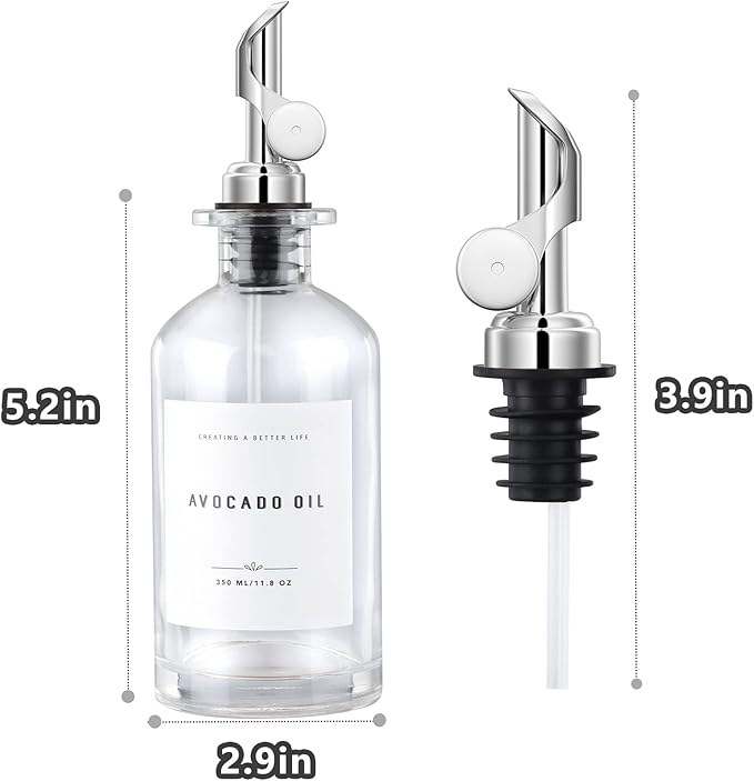 Olive Oil Dispenser Bottle Set with Bamboo Tray, Silver Classic Oil Dispenser, 2 x 350ML Glass Bottles, Weighted Metal Pourers, Kitchen Storage & Dispensing