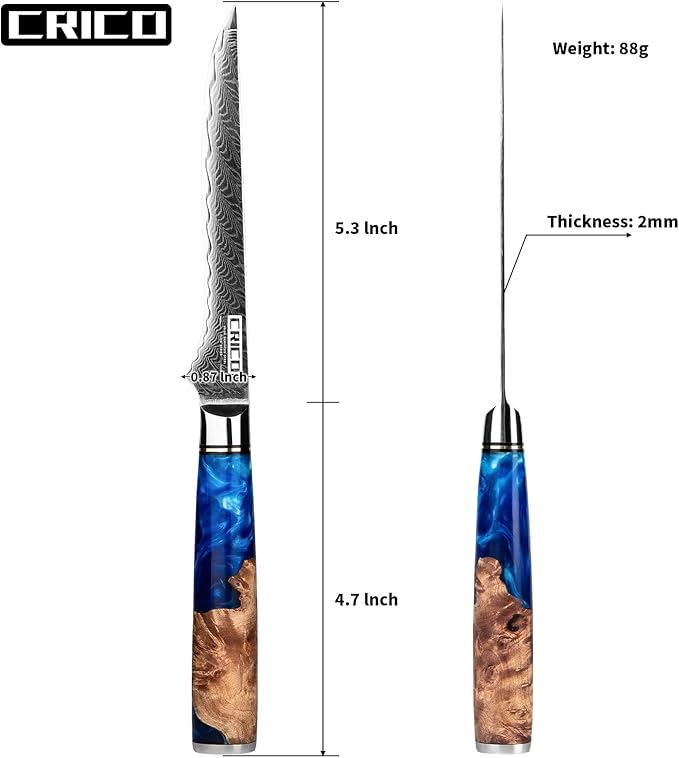 CRICO Boning Knife 5.5 inch Flexible Fillet Knives, VG10 Damascus Super Steel Forged 67-Layers, Full Tang Wood&Resin Handle, Gift Box - Flow Series