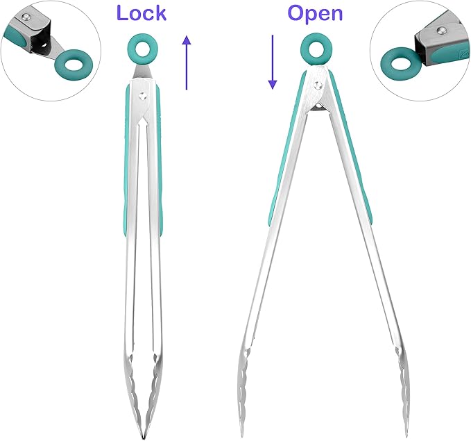 304 Stainless Steel Kitchen Cooking Tongs, 12" and 14" Set of 2 Sturdy Grilling Barbeque Brushed Locking Food Tongs with Ergonomic Grip, Aqua Sky