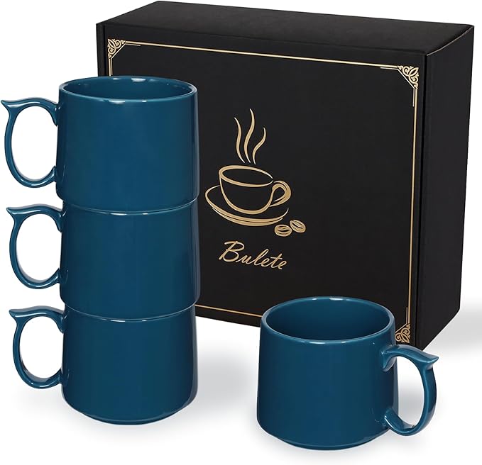 Coffee Mugs Gift Set of 4, Large 19 oz Stackable Ceramic Coffee Mug, Coffee Cups with Large Handle for Latte, Cappuccino, Milk, Dishwasher & Microwave Safe, Ideal Gift for Men, Women - Blue