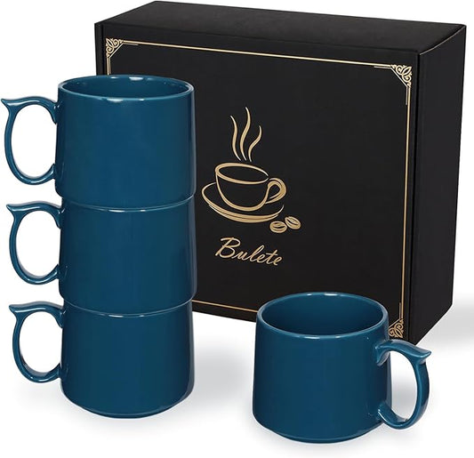 Coffee Mugs Gift Set of 4, Large 19 oz Stackable Ceramic Coffee Mug, Coffee Cups with Large Handle for Latte, Cappuccino, Milk, Dishwasher & Microwave Safe, Ideal Gift for Men, Women - Blue