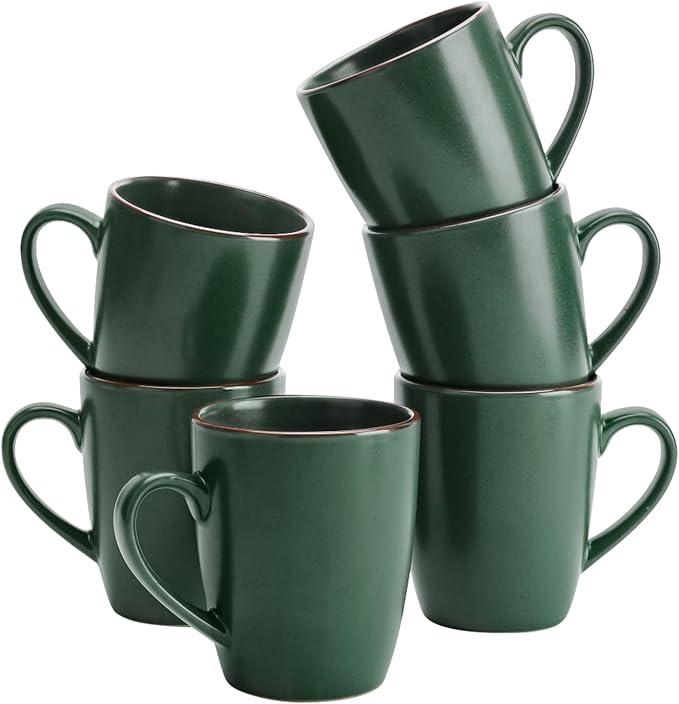 famiware Venus Coffee Mugs for 6, 14 oz Mug Set, Dringking Cup with Handle for Coffee, Tea, Cocoa, Milk, Dark Green