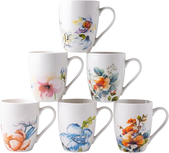 GBHOME 12oz Coffee Mugs Set fo 6, Ceramic Coffee Mugs with Decaled Flowers for Man Woman Mom Dad, Light Weight Coffee Mugs Set for Latte/Cappuccino/Cocoa/Milk, Dishwasher & Microwave Safe