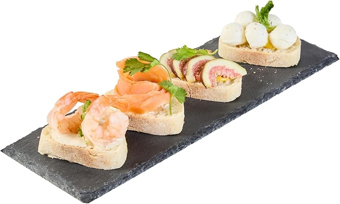 Restaurantware Slate Serving Trays 4 Pack of 11.8" x 4" Foam Feet Charcuterie Stone Plates Rustic Edges Freezable Black Serving Display Cheese Boards for Kitchen, Gourmet, Dining, Parties