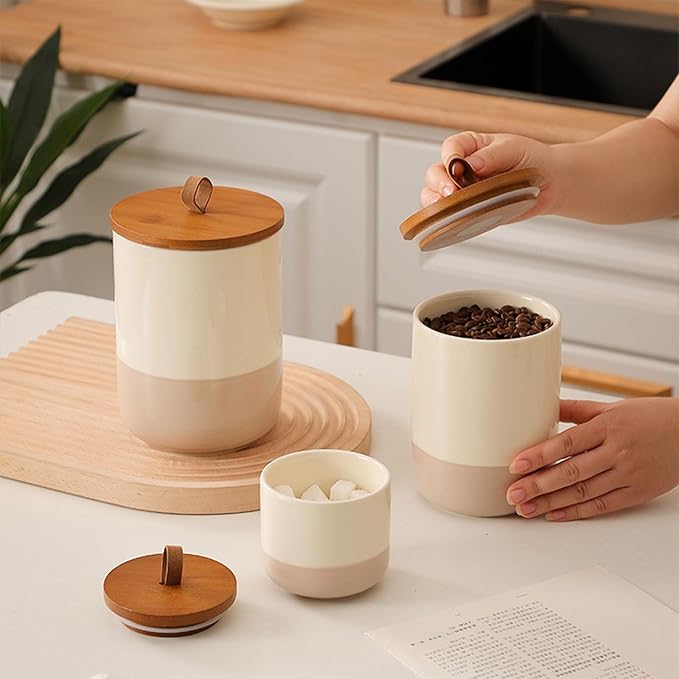 Coffee Canister, Ceramic Food Storage Jars with Lids Salt Matcha Container Brown Sugar Container Bowl for Kitchen Tea, Coffee Beans, Spice (#001Khaki-9oz/260ml)