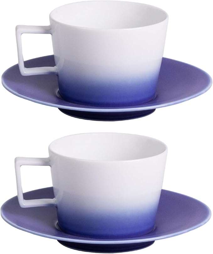 KAMMAK Porcelain Espresso Cups with Saucers, Ceramic Coffee Cups and Saucers Set of 2, Handcrafted Cappuccino Cup with Saucer for Tea Party, Holiday, Office, Gifts (Gradient Purple, 7oz)