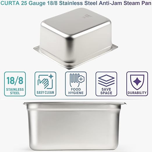CURTA 6 Pack Anti-Jam Hotel Pans, 1/2 Size 6 Inch Deep, NSF Commercial 18/8 Stainless Steel Chafing Steam Table Pan, Catering Storage Metal Food Pan