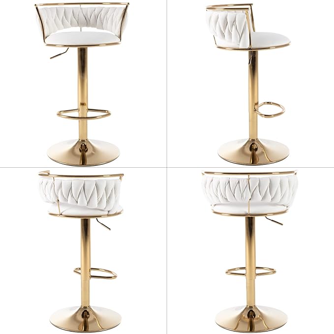 LukeAlon Modern Velvet Adjustable Barstools Set of 3, 360° Swivel Counter Stools with Golden Base Upholstered Open Back Tall Bar Chairs with Footrest for Home Pub Kitchen, White