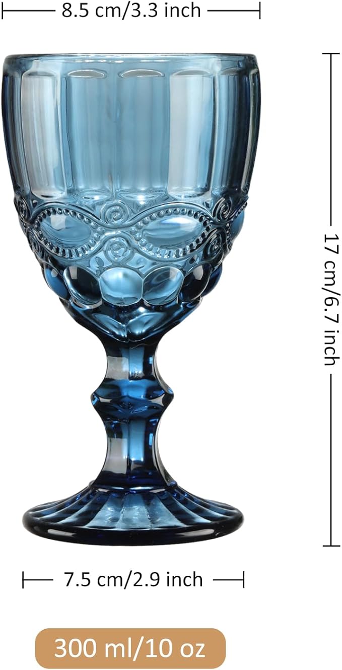 Joeyan Blue Vintage Wine Glasses,Clear Water Goblet Glasses,Stemmed Drinking Glasses with Embossed Pattern,Colored Glassware Set for Wedding Party Banquet Feast,10 oz,Set of 4,Dishwasher Safe