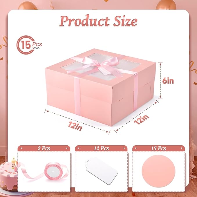 30Pcs Cake Boxes, 12x12x6 Inch Bakery Boxes with Window, 15Pcs Large Pink Dessert Boxes(15Pcs Cake Boards), Cake Carrier Container Disposable Pie Boxes Package for Pastries Cookies Cupcakes
