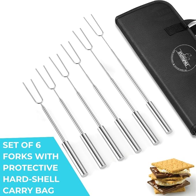 Smores Sticks For Fire Pit [All-Stainless Steel Set Of 6] -Marshmallow Roasting Sticks For Campfire, Telescoping S'mores Forks -Long Hot Dog Sticks [Dishwasher-Safe] - SUMPRI Campfire Skewers