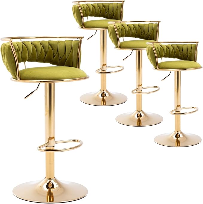 LukeAlon Velvet Adjustable Barstools Set of 4, Modern 360° Swivel Counter Stools with Golden Base Upholstered Open Back Tall Bar Chairs with Footrest for Home Kitchen, Green