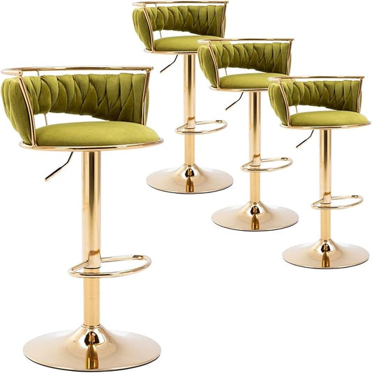 LukeAlon Velvet Adjustable Barstools Set of 4, Modern 360° Swivel Counter Stools with Golden Base Upholstered Open Back Tall Bar Chairs with Footrest for Home Kitchen, Green