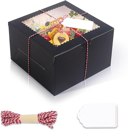 20Pcs 8 Inch Cake Boxes with Window, 8x8x5 Inches Black Bakery Boxes, Cake Carrier Container for Pastries, Pie, Cookies, Chocolates, Cupcakes, Birthday Party, Wedding