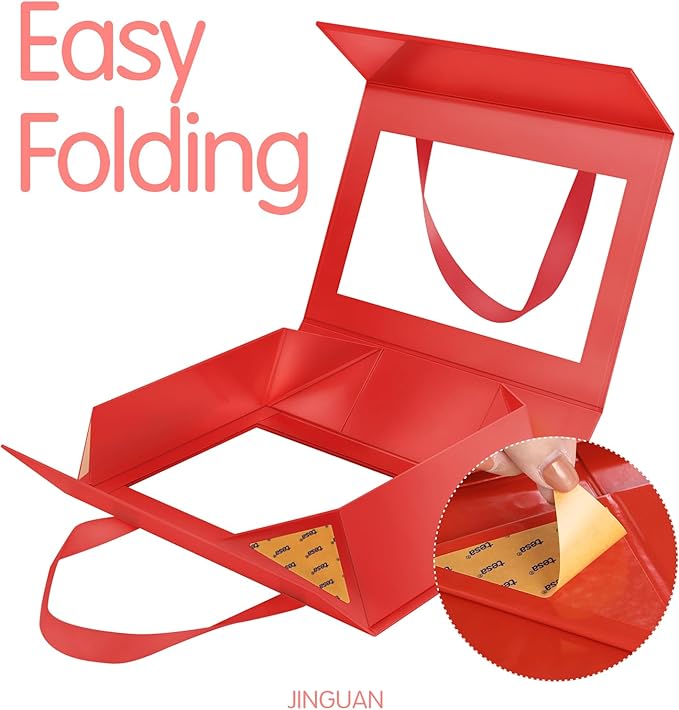 Red Gift Box with Window, Clear Magnetic Gift Box with Handle for Present, Bridesmaid Proposal Box (10.5x7.5x3 Inches