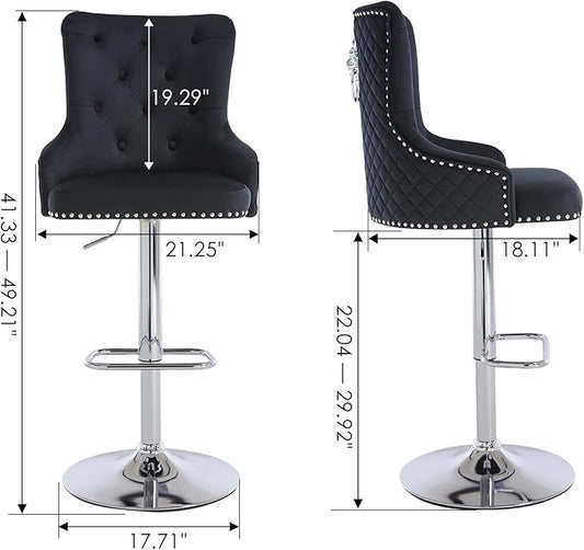 Velvet Lion Bar Stools Set of 4, Modern Height Adjustable Swivel Barstools with Chrome Base, Tufted Counter Height Bar Stools Upholstered Bar Chairs for Kitchen Island, Dining Room, Black
