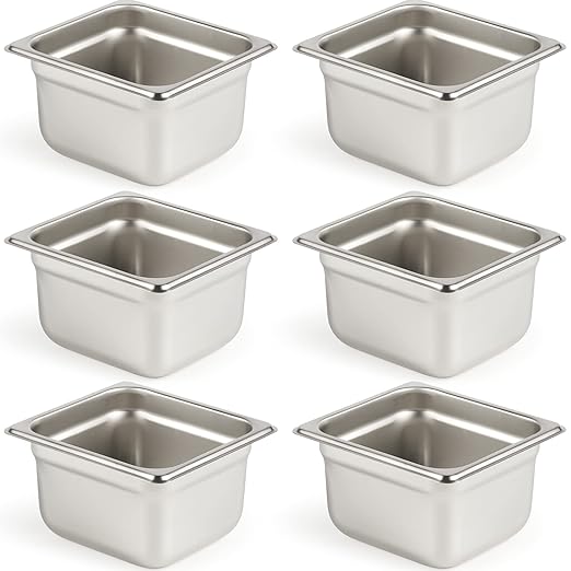 CURTA 6 Pack Anti-Jam Hotel Pans, 1/6 Size 4 Inch Deep, NSF Commercial 18/8 Stainless Steel Chafing Steam Table Pan, Catering Storage Metal Food Pan