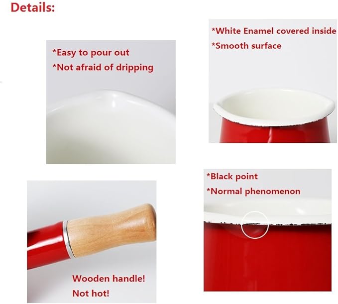 Mini Enamel Milk Pot 4 Inch 17 Oz Dual spout with Wooden Handle, Small Sauce Pan Perfect Size for Heating Smaller Liquid Portions (Red）