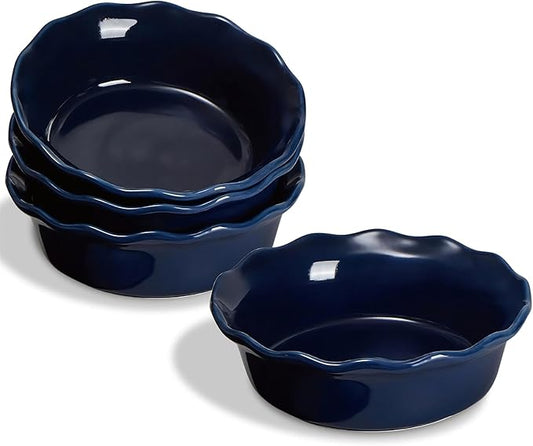ONEMORE Pie Pans, 6.8 inch Small Chicken Pot Pie Plates 16 oz Deep Dish Pie Pan Ceramic Baking Plates for Dessert Oven Safe Round Baking Dish Pans Set of 4 - Blue