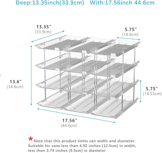 Can Organizer For Pantry, Adjustable Height And Width Canned Goods Organizer, Soup Can Rollers Organizer Holds Up to 48 Cans for Kitchen Cabinet or Refrigerator (CLear 4 Tier)