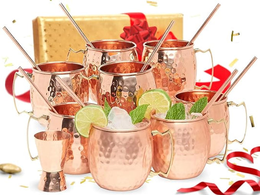 [Gift Set] Moscow Mule Copper Mugs Set of 8 (16oz) w/Straws & Jigger | 100% Pure Copper Cups, Tarnish-Resistant Food Grade Lacquered Finish, Ergonomic Handle (No Rivet) w/Solid Grip