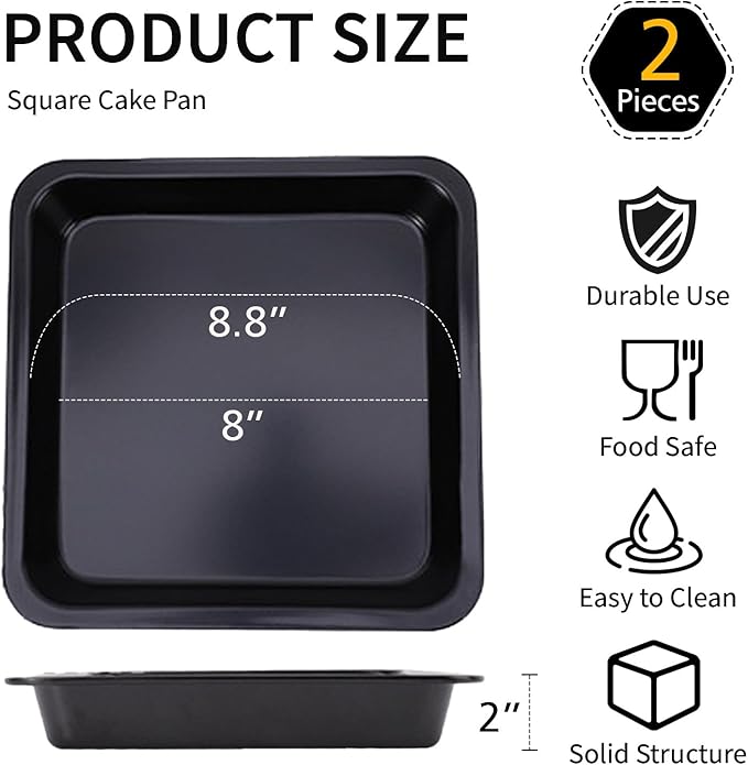 2 Pack Square Cake Pan, 8 Inch Non Stick Square Baking Pan for Cake Brownie Lasagna, Non-Toxic & Rust-resistant, Dishwasher Safe & Easy Clean, Send Goods from Local Warehouse