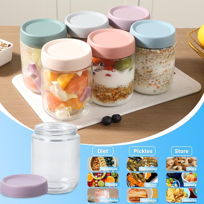 16 OZ Glass Mason Jars with Airtight Lids Wide Mouth Leakproof Pantry Organization Food-Grade Storage Containers for Honey,Salad,Yogurt and Snacks (Plastic Lid-6 Pack)