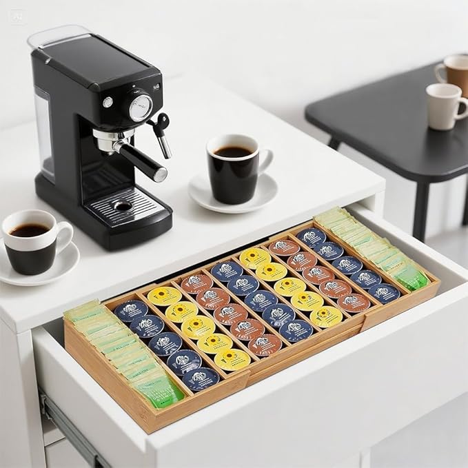 K Cup Holder Bamboo Coffee Pod Holder Drawer Organizer, Expandable K Cup Pod Storage Tea Bag Storage for Coffee Station Home Office and Kitchen