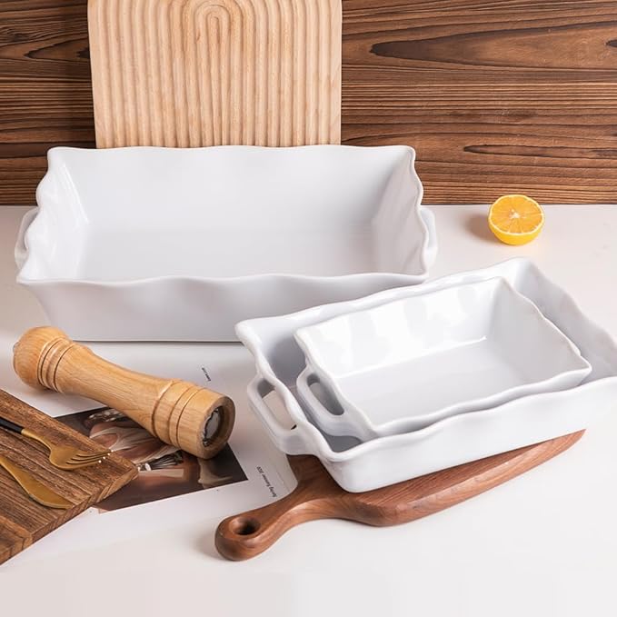 Sweejar Casserole Dishes for Oven, Ceramic Bakeware Set of 3, Rectangular Baking dish with Handles, Wave Edge Lasagna Pan Deep for Cooking, Cake, Dinner, Banquet and Daily Use (White)