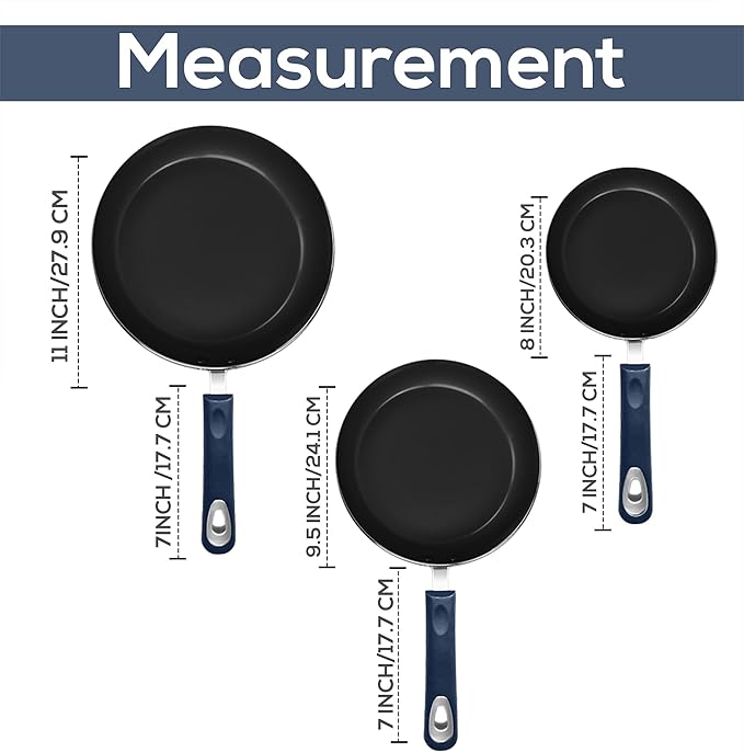 Utopia Kitchen Nonstick Cookware 3 Piece Set, Non-Stick Frying Pans with Induction Bottom, 8, 9.5 & 11 Inches Frying Pans with Bakelite Handles, PFOA Free, Midnight Blue & Black