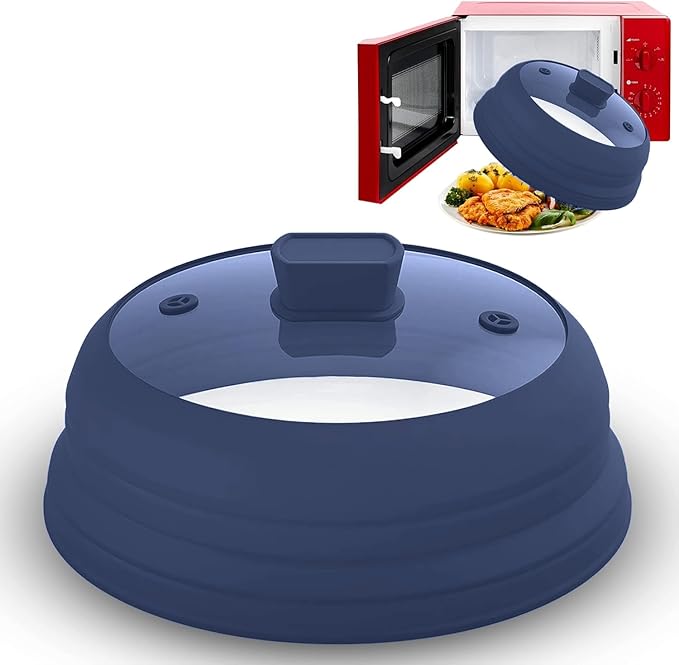 Microwave Splatter Cover Glass 11.8 Inch - Collapsible Microwave Splatter Cover for Plate & Bowl - Tempered Glass Top, Food-Grade Silicone Dome with Heating Vents & Heat-Safe Handle (BLUE DARK)