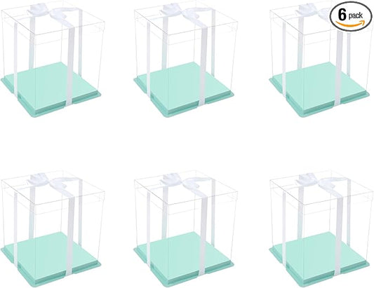 XININSUN 4inch clear cake box with ribbon,7x7x8inch small cake carrier,Bakery Take Out Transport Containers clear gift boxes for wedding,birthday,party(6pcs-green)