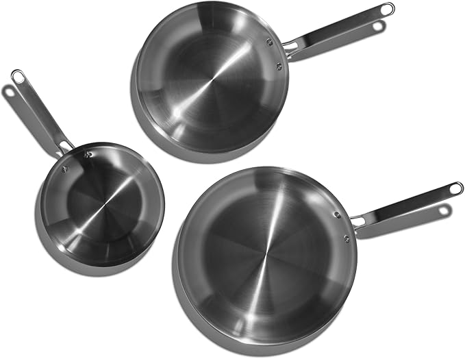Heritage Steel Eater Series 3 Piece Fry Pan Set | Made in USA | 5-Ply Fully Clad Stainless Steel Pan | Stay Cool Handle Design | Induction Ready & Non-Toxic Pan