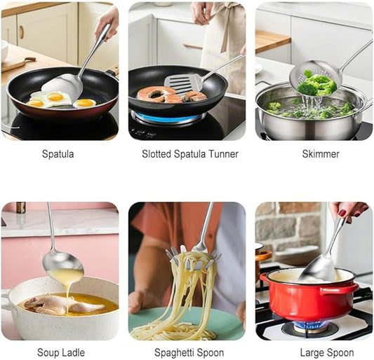 304 Stainless Steel Kitchen Utensils Set, 11PCS Metal Cooking Tools, Masher, Fork, Solid Spoon, Slotted Spoon, Spatula, Whisk, Skimmer, Slotted Spatula Tunner, Soup Ladle, Spaghetti Spoon, Large Ladle
