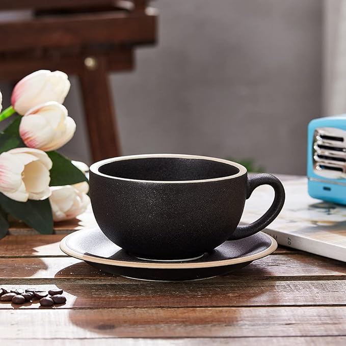 Vintage Design 12 oz Ceramic Latte Art Cappuccino Barista Cup with Saucer (Rough Black)