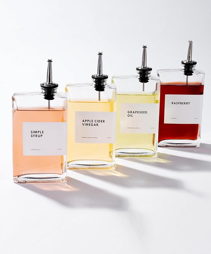 Olive Oil Dispenser for Kitchen, Cooking Oil and Vinegar Dispenser Set, Olive Oil Bottle, Soy sauce bottle, coffee syrup holder - 4 pcs, Silver