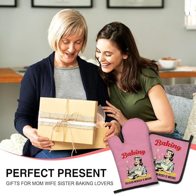 Baking Because Murder is Wrong Funny Oven Mitts and Pot Holders Set, Vintage Baking Kitchen Gadgets, Sarcastic Baking Gifts for Women Chef Hostess Mom Sister BFF Baking Lovers