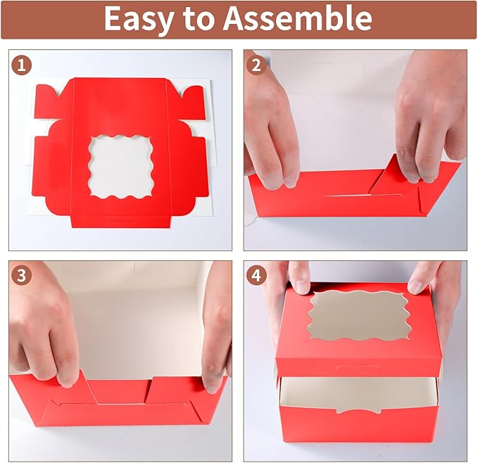 36 pcs 6x6x3 Inches Small Cake Box with Window, Bakery Pastry Cookie Boxes, Mini Pie for Pastry,Dessert,Strawberries,Chocolates, Cupcakes with paper stickers (Red)