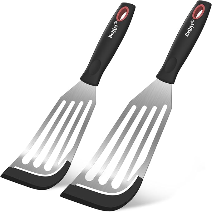 Beijiyi 2-Piece Fish Spatulas Silicone Heat Resistant, Kitchen Spatula Set for Non Stick Frying Pan, Slotted Flexible Fish Turner Cooking Utensils, Large 12.3 In, Small 10.6 In, Black Silicone Edge