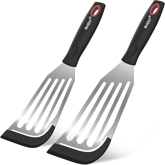 Beijiyi 2-Piece Fish Spatulas Silicone Heat Resistant, Kitchen Spatula Set for Non Stick Frying Pan, Slotted Flexible Fish Turner Cooking Utensils, Large 12.3 In, Small 10.6 In, Black Silicone Edge