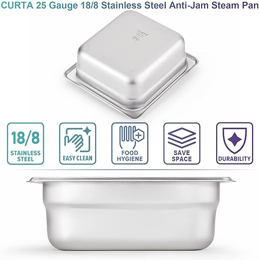 CURTA 6 Pack Anti-Jam Hotel Pans, 1/6 Size 2 1/2 Inch Deep, NSF Commercial 18/8 Stainless Steel Chafing Steam Table Pan, Catering Storage Metal Food Pan