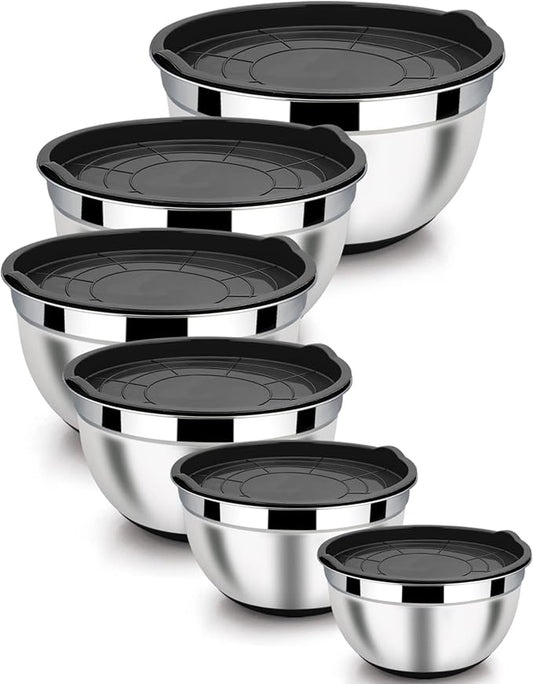 LIANYU Stainless Steel Nesting Mixing Bowls Set of 6 with Airtight Lids, Size 7, 3.5, 2.5, 2, 1.5, 1QT, Large Metal Bowls for Baking Cooking Food Storage, Non-slip Bottom, Black