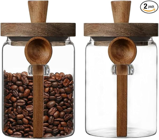 ANSQU Set of 2 Glass Food Storage Jars with Bamboo Wood Lid and Spoon, 20.3oz Glass Kitchen Canisters for Coffee, Tea, Cereal, Spice and Canning, Mason Jars, Cute Jar