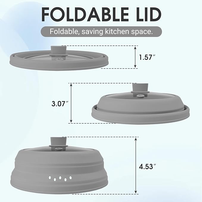 Microwave Splatter Cover Glass Microwave Cover for Food Collapsible Splatter Guard Lid with Silicone Handle for Pot Plate Bowl 9.8 Inch Gray