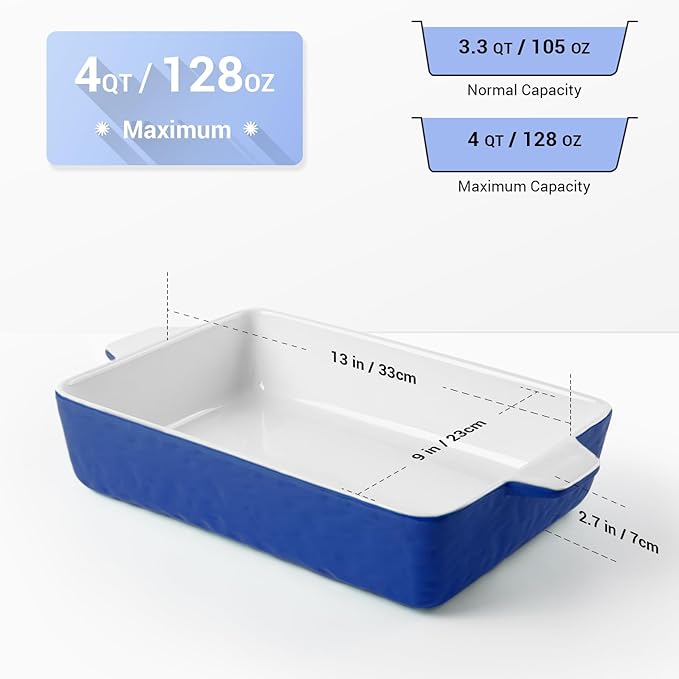 4 QT Baking Dish, Casserole Dishes for Oven, 9x13 Baking Pan with Handles, Lasagna Pan Deep, Ceramic Casserole Dish Oven Safe for Baking, Lasagna, Kitchen, Wedding Gift (Dark Blue)