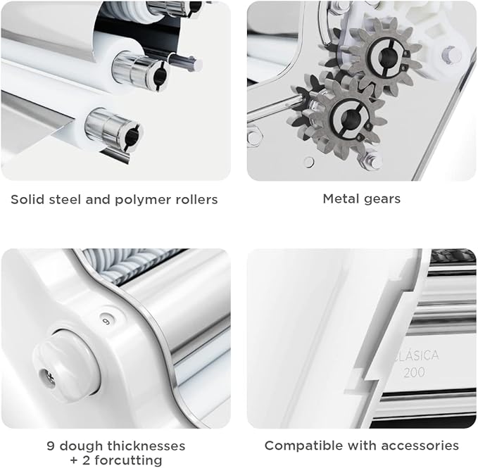 PASTALINDA Classic 200 Pasta Maker Machine, 20 cm Wide Rollers, 9 Thickness Positions, 2 Cutting Positions, Stainless Steel. Includes Reinforced Hand Crank And Two Clamps