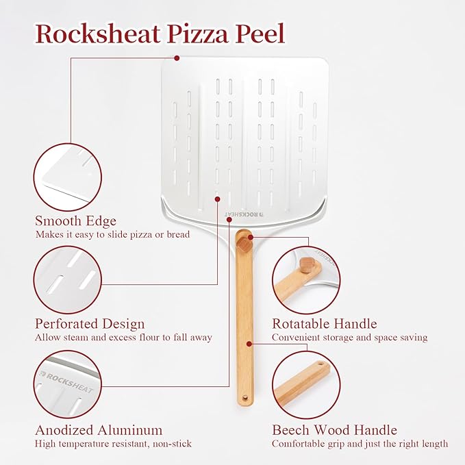 Pizza Cutter Rocker & 12 Inch Rotating Pizza Peel Set - Anodized Aluminum Peel with Wooden Handle, Includes Plastic Blade Guard - Ideal for Pizza Oven Baking & Slicing