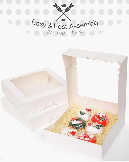 qiqee Auto-pop Up White Pie Boxes with Window 10x10x2.5 inch 20Packs Cookie Donut Bakery Box